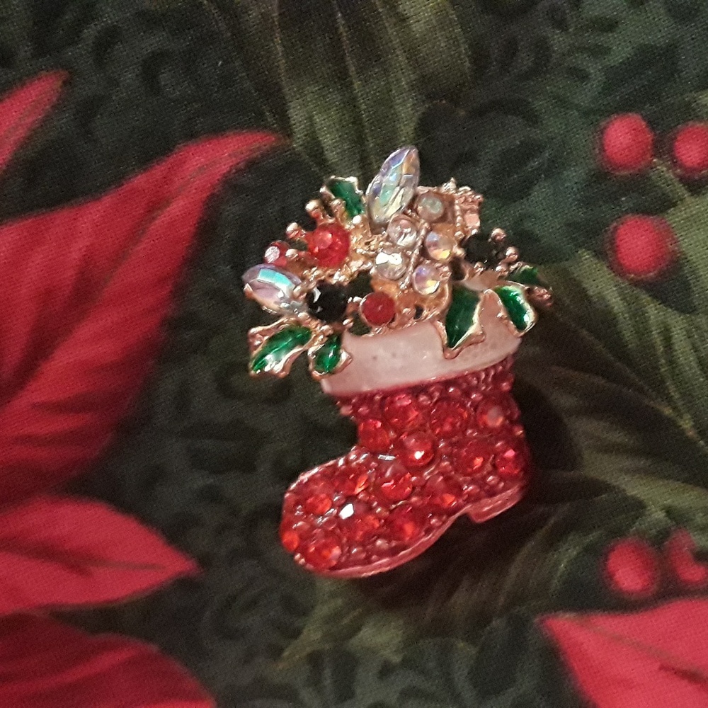 Santa's Red Boot, Christmas Pin, Rhinestones